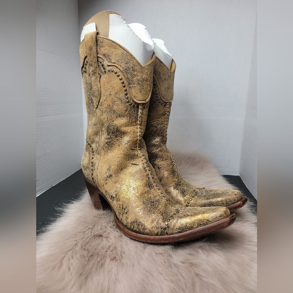 The Old Gringo Suede Leather Gold Studded Women's Western Boots Shoes Size 8.5